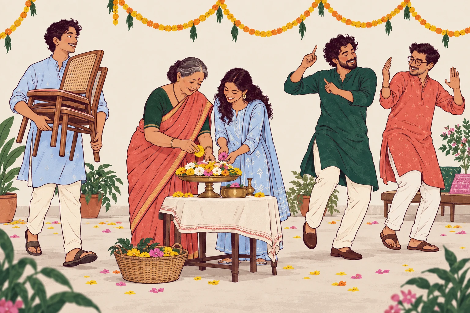 Family and friends preparing for an Indian wedding: carrying chairs, arranging flowers and practising a dance
