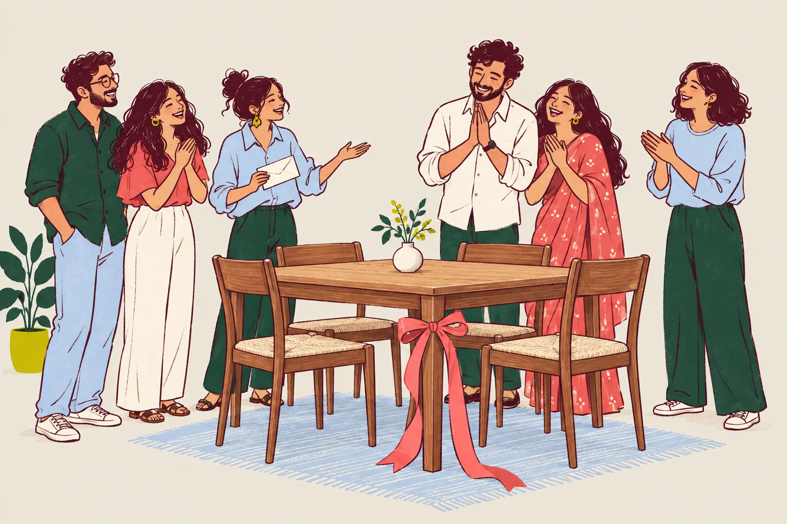 Friends celebrating with a couple around a dining table they have given together, with a gift ribbon tied to its leg