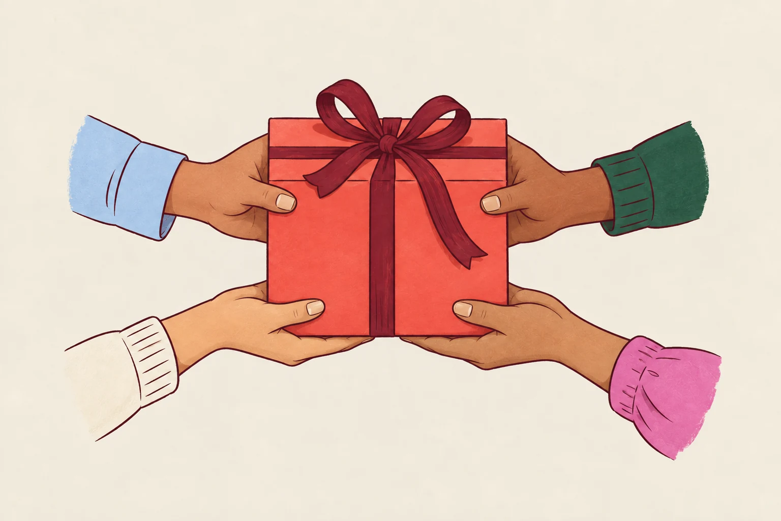 Four hands holding one coral gift box together, tied with a maroon ribbon
