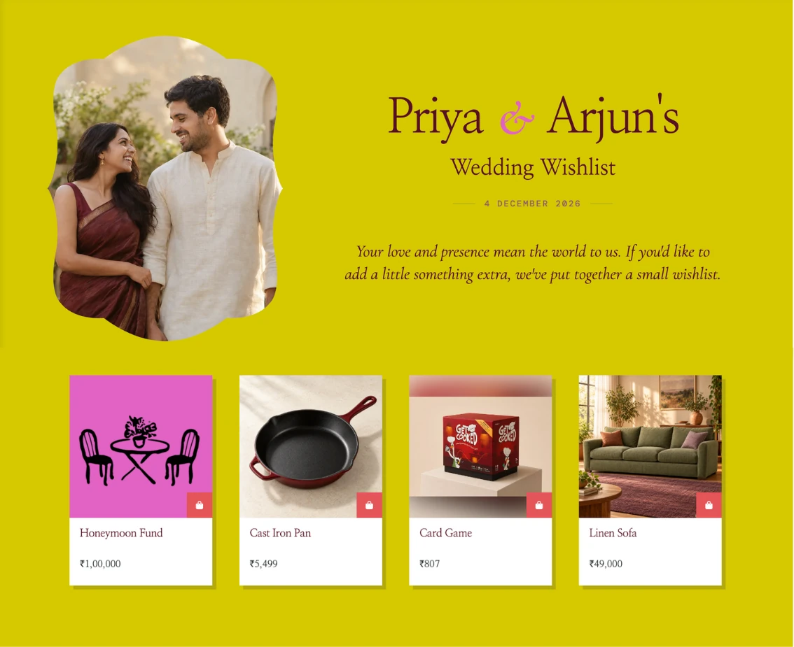 Priya and Arjun’s Hazlnut wedding wishlist, with a honeymoon fund, a cast iron pan, a card game and a linen sofa.